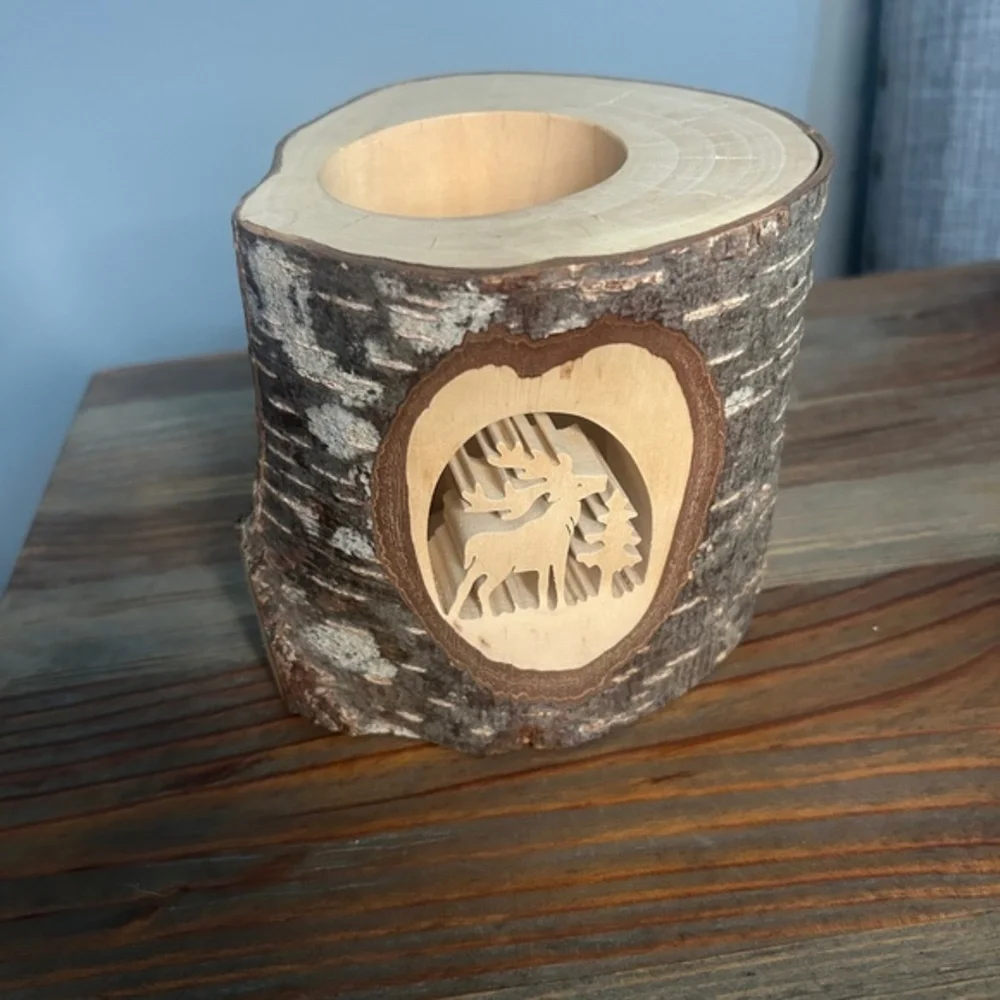 Rustic Wood Log‎ Candle Holder Moose Carved Tree Stump Decor Cabin